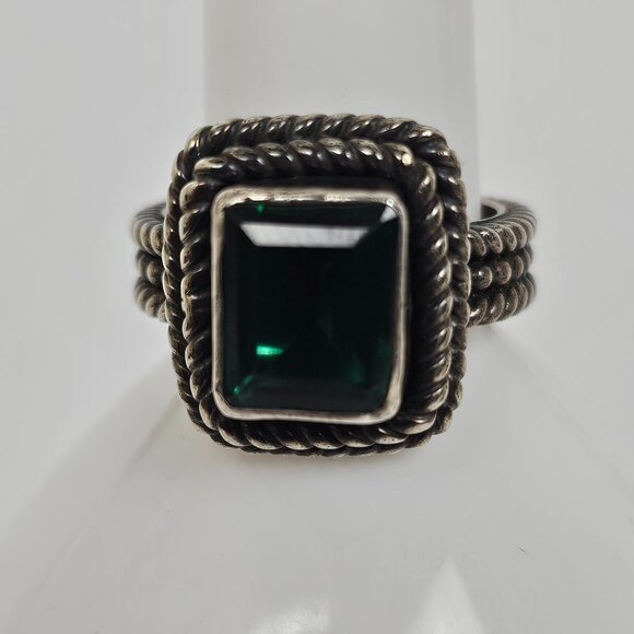 Unique Vintage Jewelry - Vtg Sterling Silver Green Quartz Ring Size 7 Square Textured Rope Band Chunky